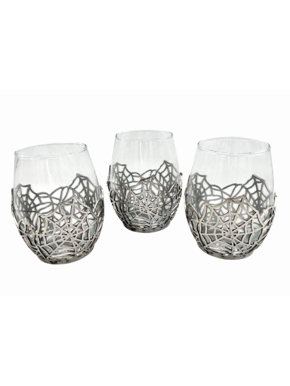 NWT SET OF 3 LARGE SILVER METAL SPIDERWEB STEMLESS WINE WATER GLASSES HALLOWEEN